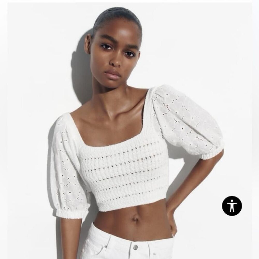 Zara crochet white cropped top with puff sleeves Small Cottagecore Festival vibe